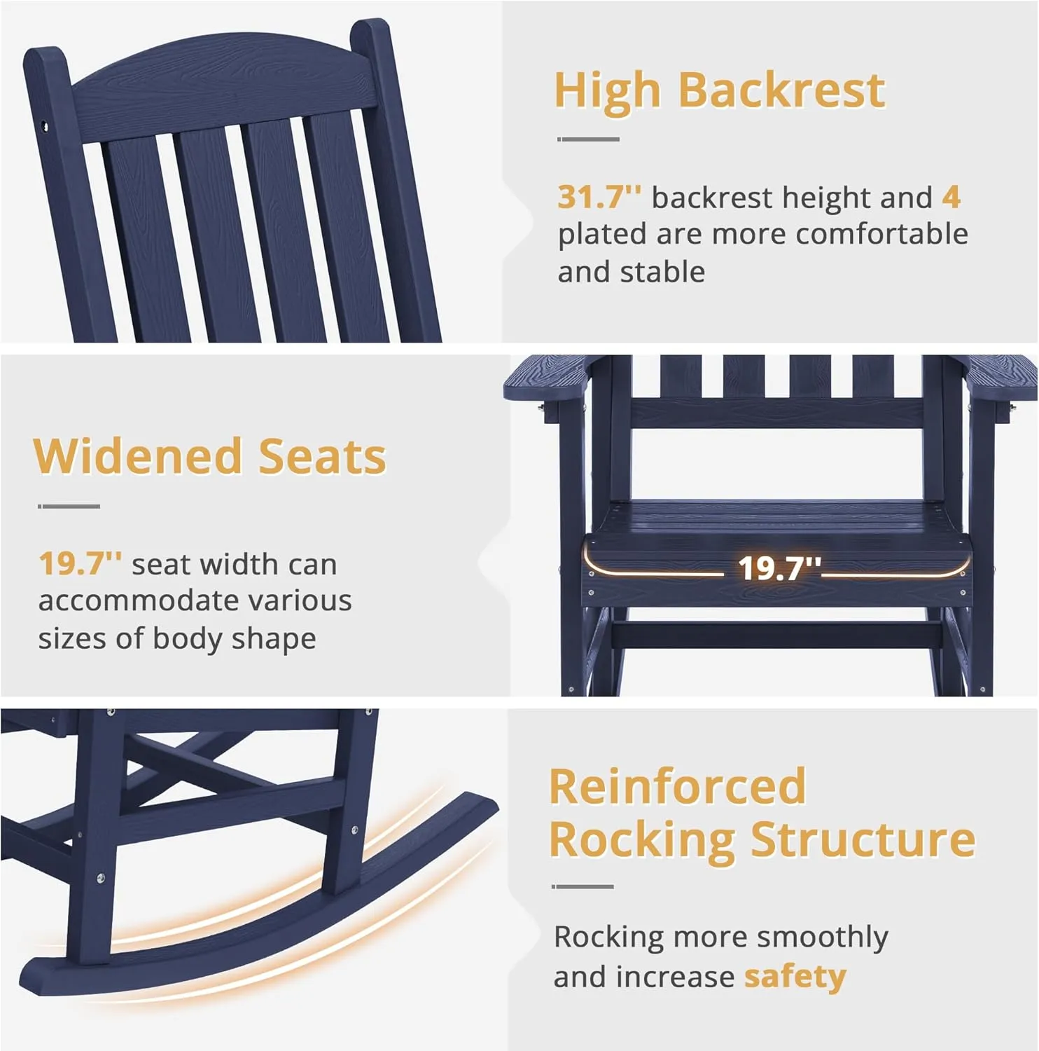 LUE BONA Outdoor Rocking Chairs Set of 3, 2 Chairs & 1 Table HDPS Poly Rocking Chair, All Weather Resistant, Heavy Duty Rocker Chair for Patio, Lawn, Garden, 300LBS, Midnight Blue