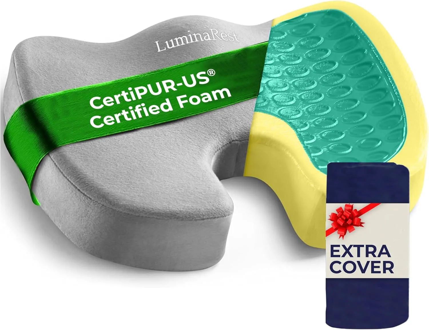 LuminaRest® 2025 Improved Comfort Gel Seat Cushion for Long Sitting – CertiPUR-US® Certified Foam – Premium Gel Tailbone Pain Relief Cushion, Adaptable for Office, Car, Airplane & Wheelchair – (Gray)
