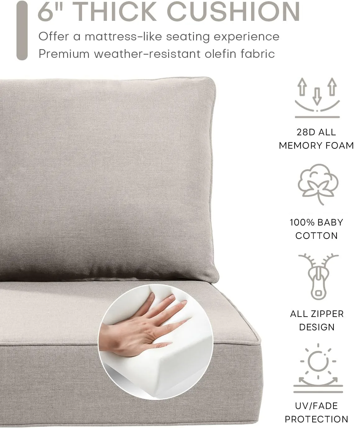 Luxury 6 Inch Outdoor Cushions 24x24 - Water&UV&Fade Resistant 1 Set Zippered Patio Chair Back&Seat Cushion for Wicker Dining Rocking Swivel Chairs Loveseat Couch Sectional Sofa - Beige