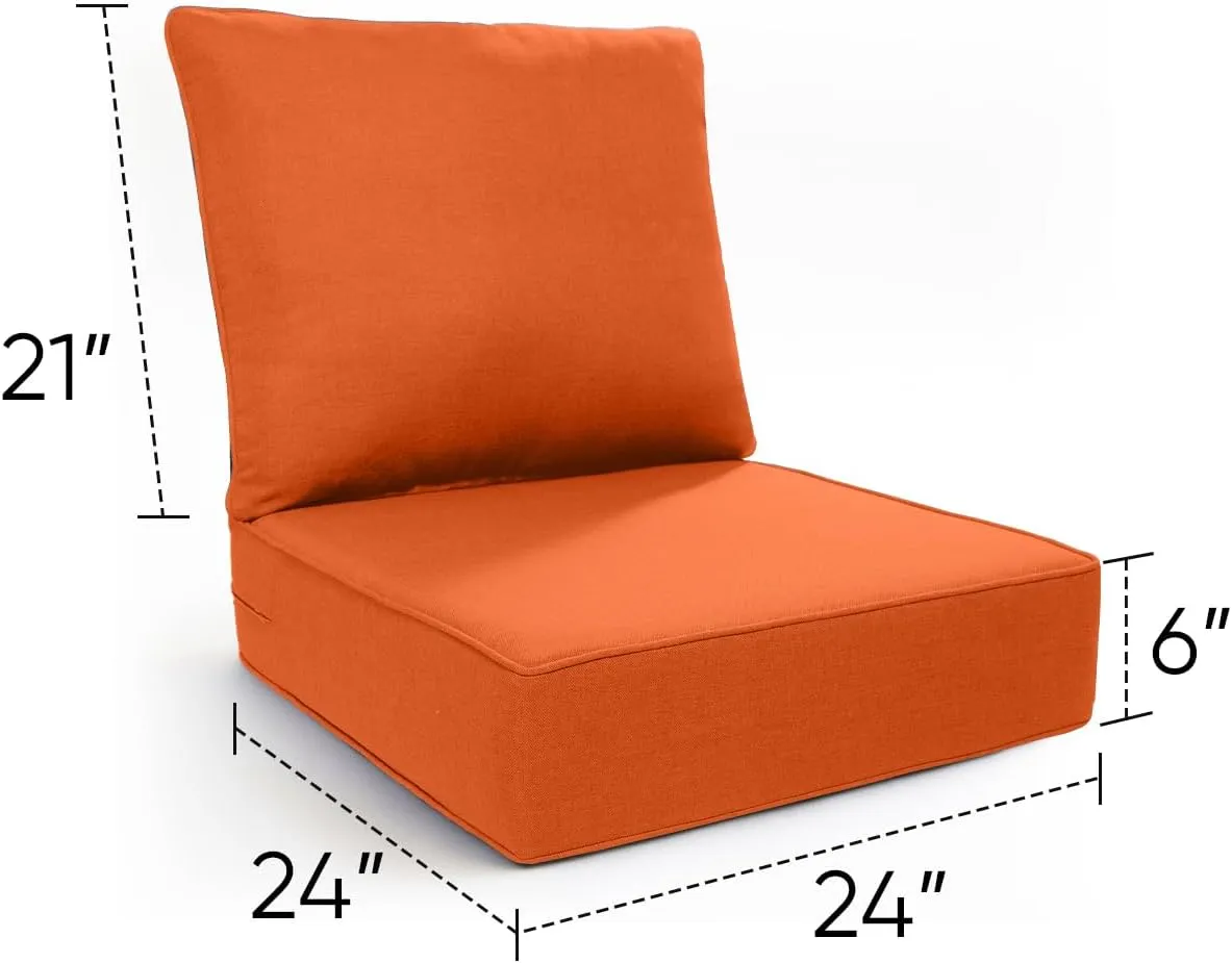 Luxury 6 Inch Outdoor Cushions 24x24 - Water&UV&Fade Resistant 1 Set Zippered Patio Chair Back&Seat Cushion for Wicker Dining Rocking Swivel Chairs Loveseat Couch Sectional Sofa - Orange