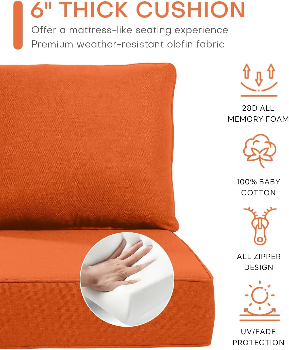 Luxury 6 Inch Outdoor Cushions 24x24 - Water&UV&Fade Resistant 1 Set Zippered Patio Chair Back&Seat Cushion for Wicker Dining Rocking Swivel Chairs Loveseat Couch Sectional Sofa - Orange