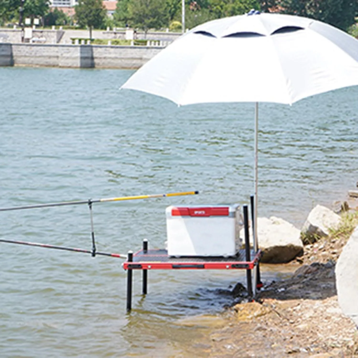 LXLZYXSF Riverside Lakeside Portable Fishing Platform Dock with Fishing Pole Holder, Umbrella Hole, Adjustable Height Legs, Foldable Lightweight Fishing Deck, All Terrain(100x100x130cm/39x39x51in)