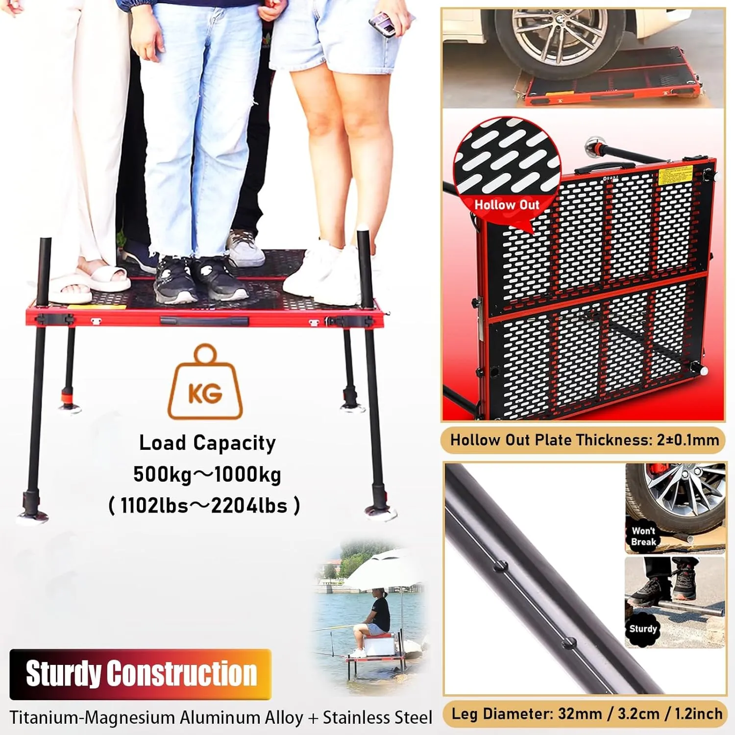 LXLZYXSF Riverside Lakeside Portable Fishing Platform Dock with Fishing Pole Holder, Umbrella Hole, Adjustable Height Legs, Foldable Lightweight Fishing Deck, All Terrain(100x100x130cm/39x39x51in)
