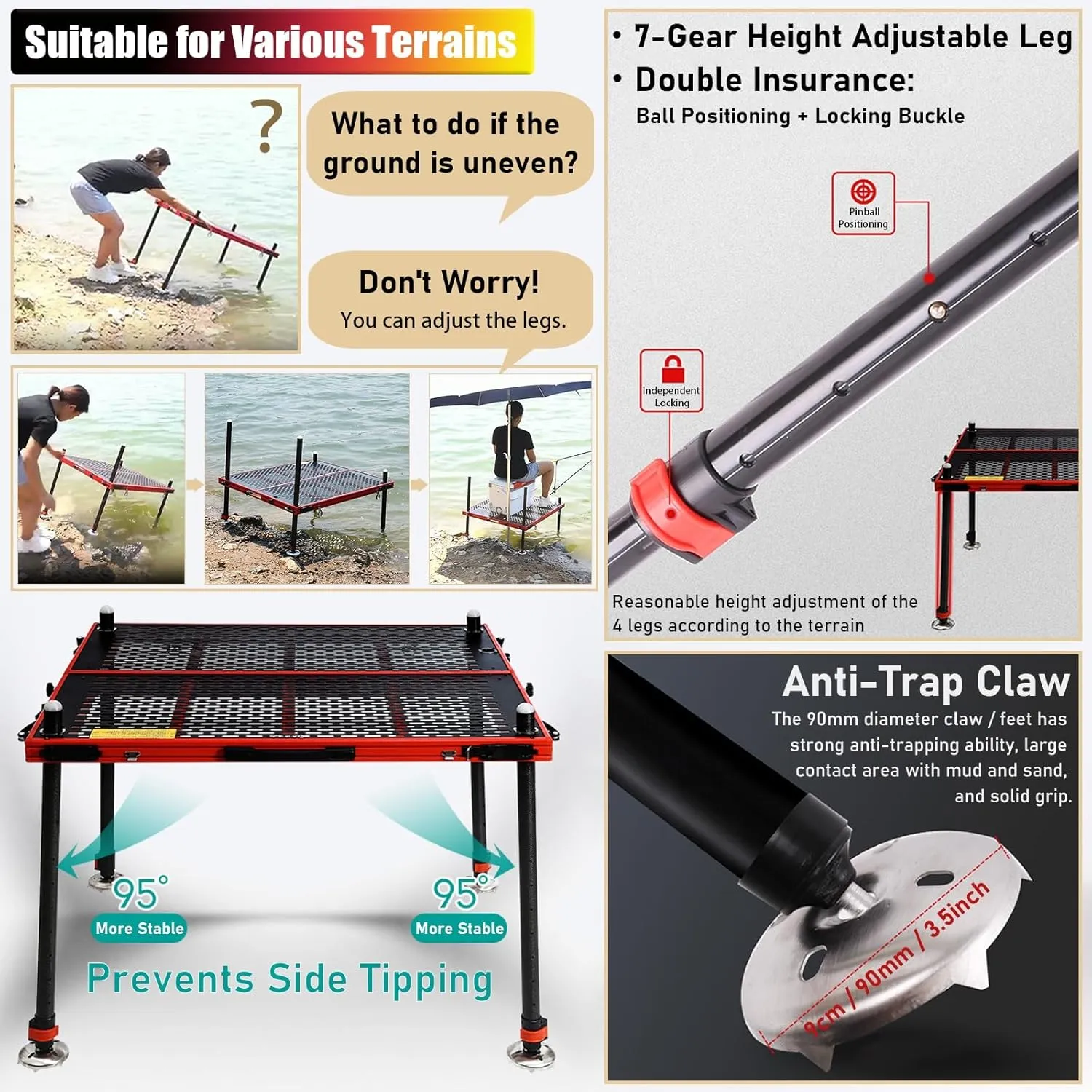 LXLZYXSF Riverside Lakeside Portable Fishing Platform Dock with Fishing Pole Holder, Umbrella Hole, Adjustable Height Legs, Foldable Lightweight Fishing Deck, All Terrain(100x100x130cm/39x39x51in)