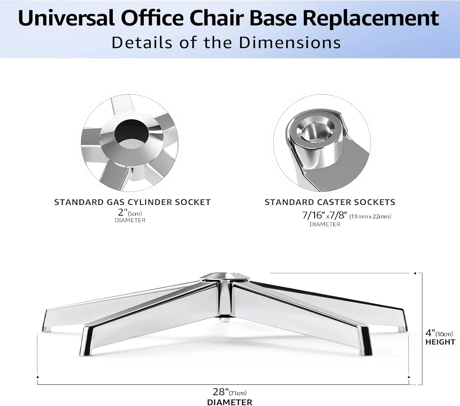 MASTERY MART 28" Office Chair Base Replacement, Heavy Duty, Metal Desk Chair Base with Universal Gas Cylinder Hole and Casters, 2400LBs, Silver