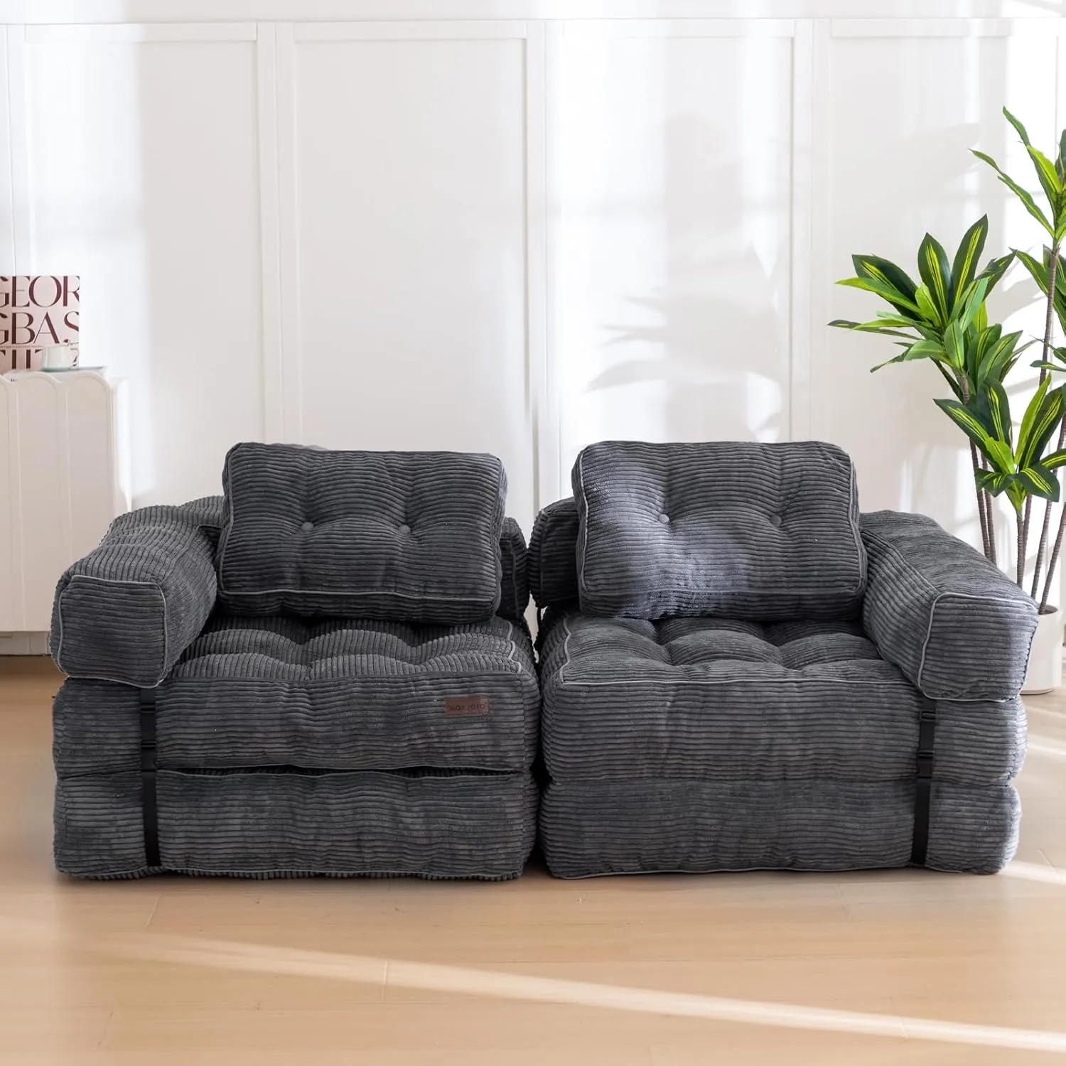 MAXYOYO Folding Sofa Bed, L-Shaped Convertible Sofa Bed with Armrest Foldable Sleeper Sofa with Pillow, Portable Fold Out Chair Bed Comfy Floor Lounge for Living Room Bedroom, Dark Grey