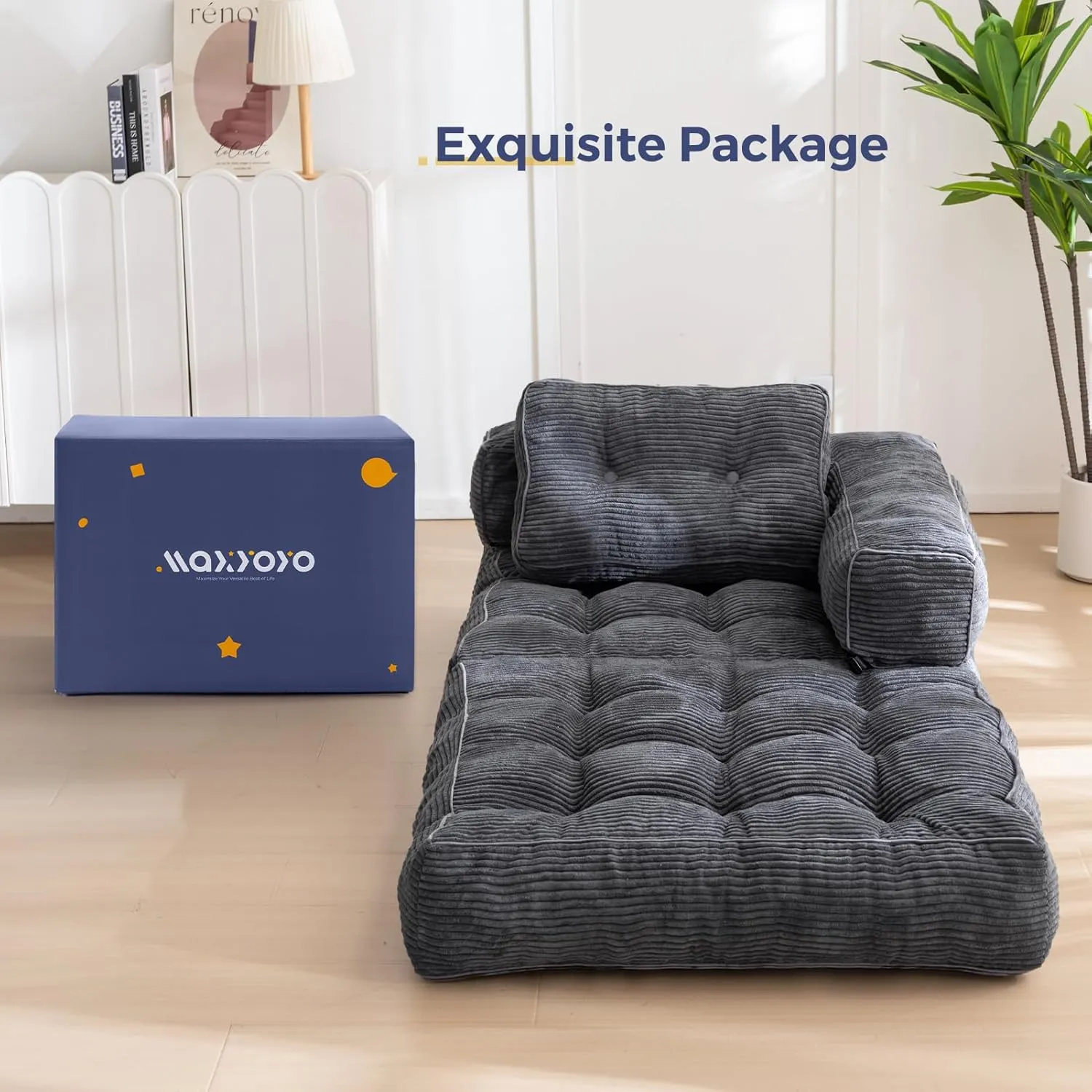 MAXYOYO Folding Sofa Bed, L-Shaped Convertible Sofa Bed with Armrest Foldable Sleeper Sofa with Pillow, Portable Fold Out Chair Bed Comfy Floor Lounge for Living Room Bedroom, Dark Grey