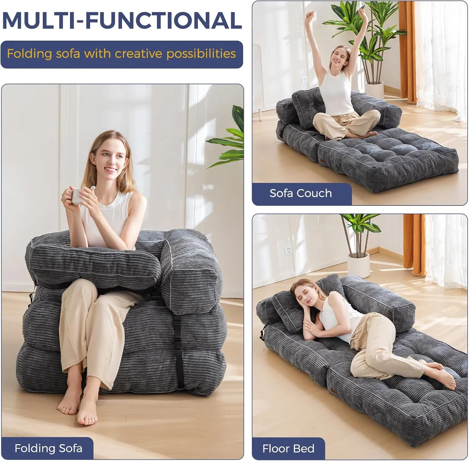 MAXYOYO Folding Sofa Bed, L-Shaped Convertible Sofa Bed with Armrest Foldable Sleeper Sofa with Pillow, Portable Fold Out Chair Bed Comfy Floor Lounge for Living Room Bedroom, Dark Grey