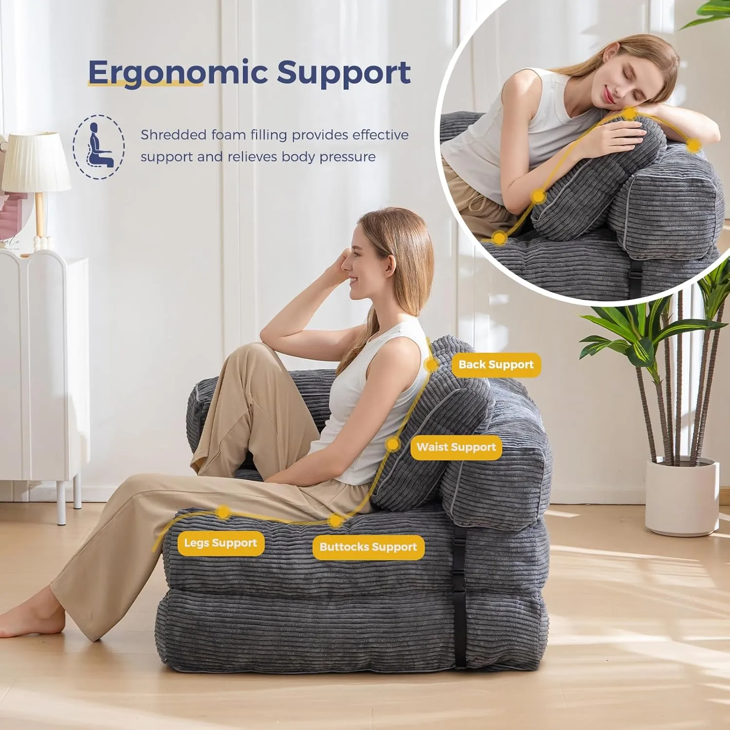 MAXYOYO Folding Sofa Bed, L-Shaped Convertible Sofa Bed with Armrest Foldable Sleeper Sofa with Pillow, Portable Fold Out Chair Bed Comfy Floor Lounge for Living Room Bedroom, Dark Grey