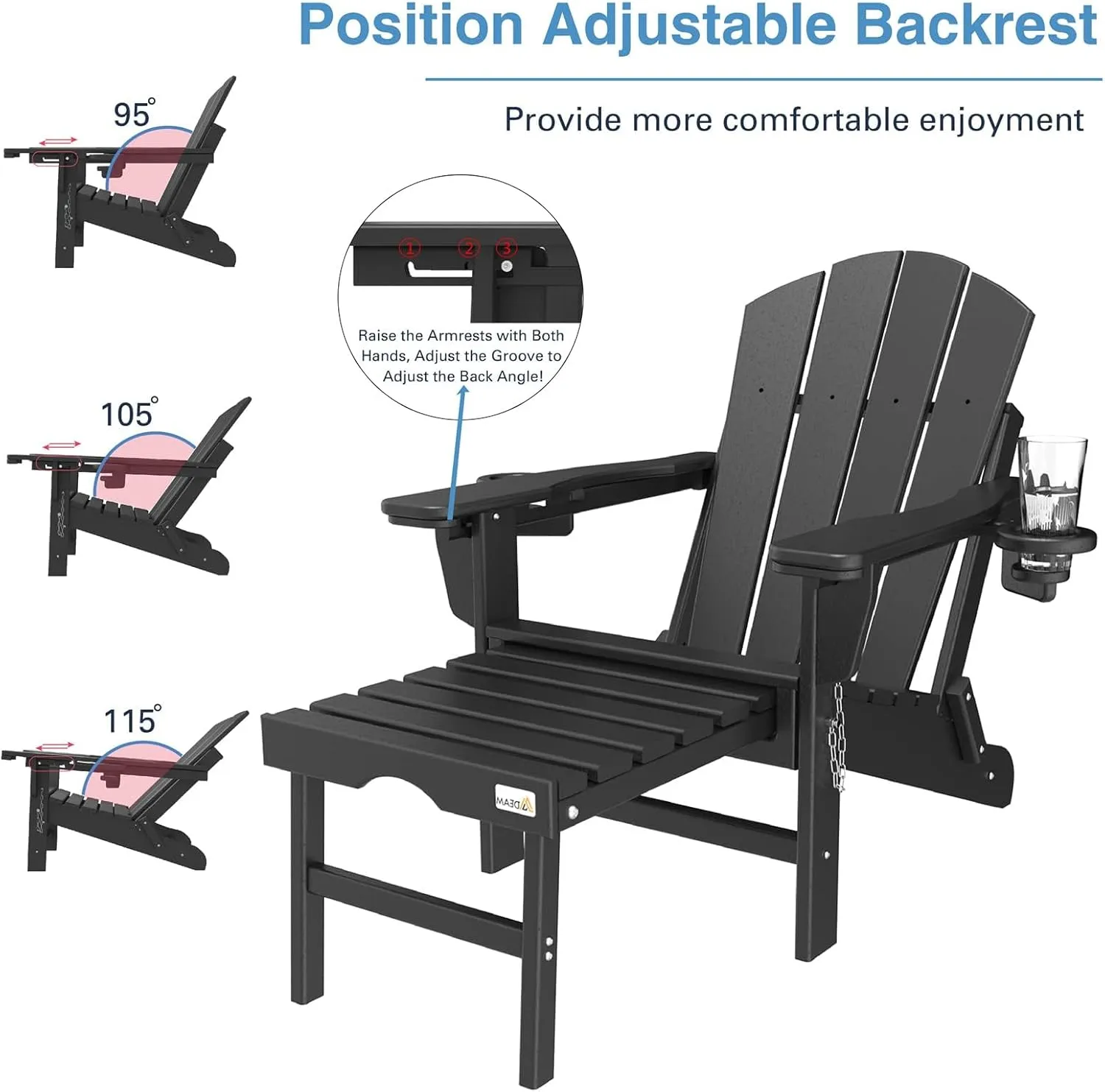 Mdeam 3-Level Adjustable Adirondack Chair with Retractable Ottoman, HDPE All-Weather Folding Fire Pit Chair with 2 Cup Holders, Outdoor Chair for Deck Patio Garden Backyard Lawn (Black)
