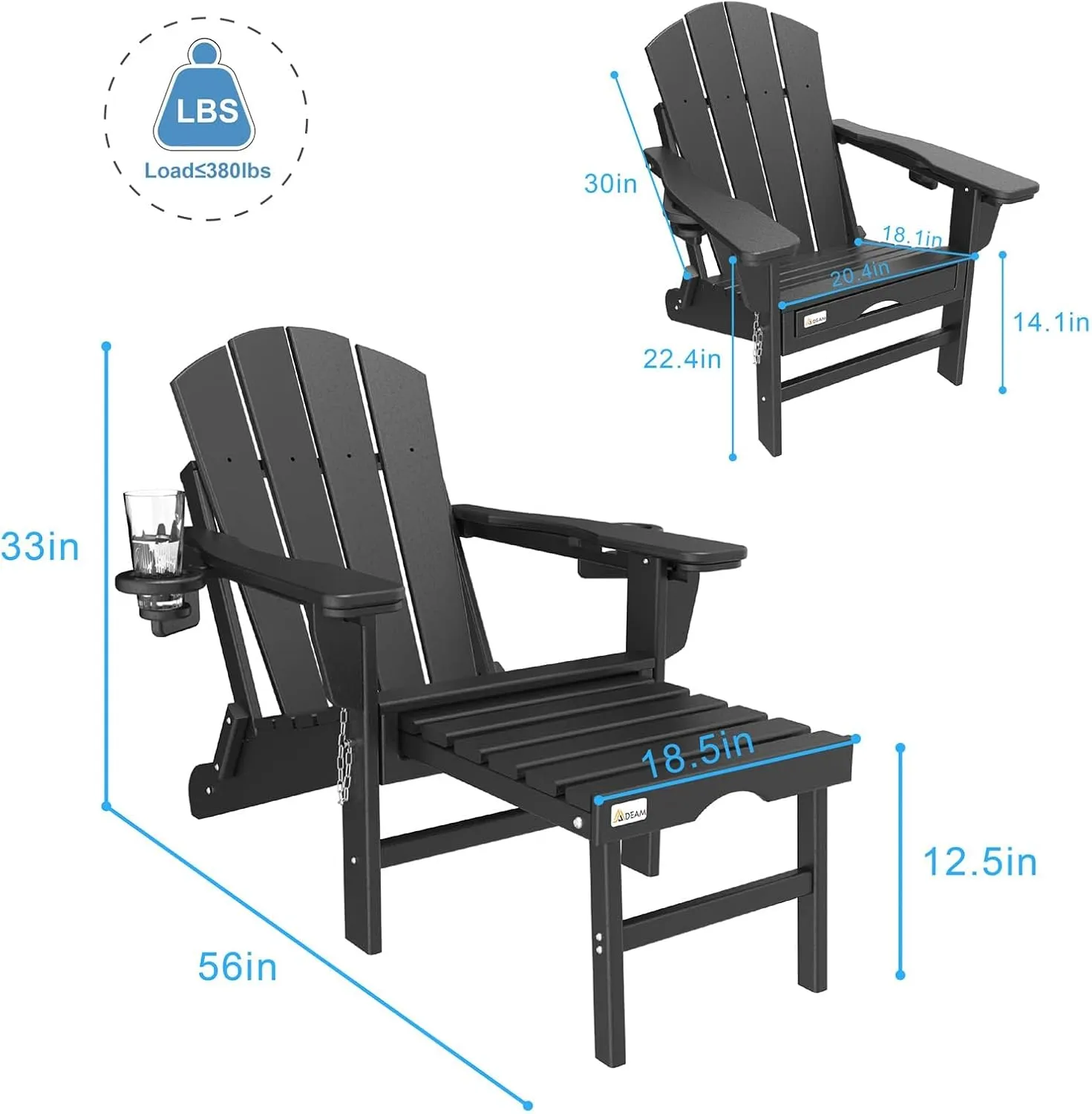Mdeam 3-Level Adjustable Adirondack Chair with Retractable Ottoman, HDPE All-Weather Folding Fire Pit Chair with 2 Cup Holders, Outdoor Chair for Deck Patio Garden Backyard Lawn (Black)