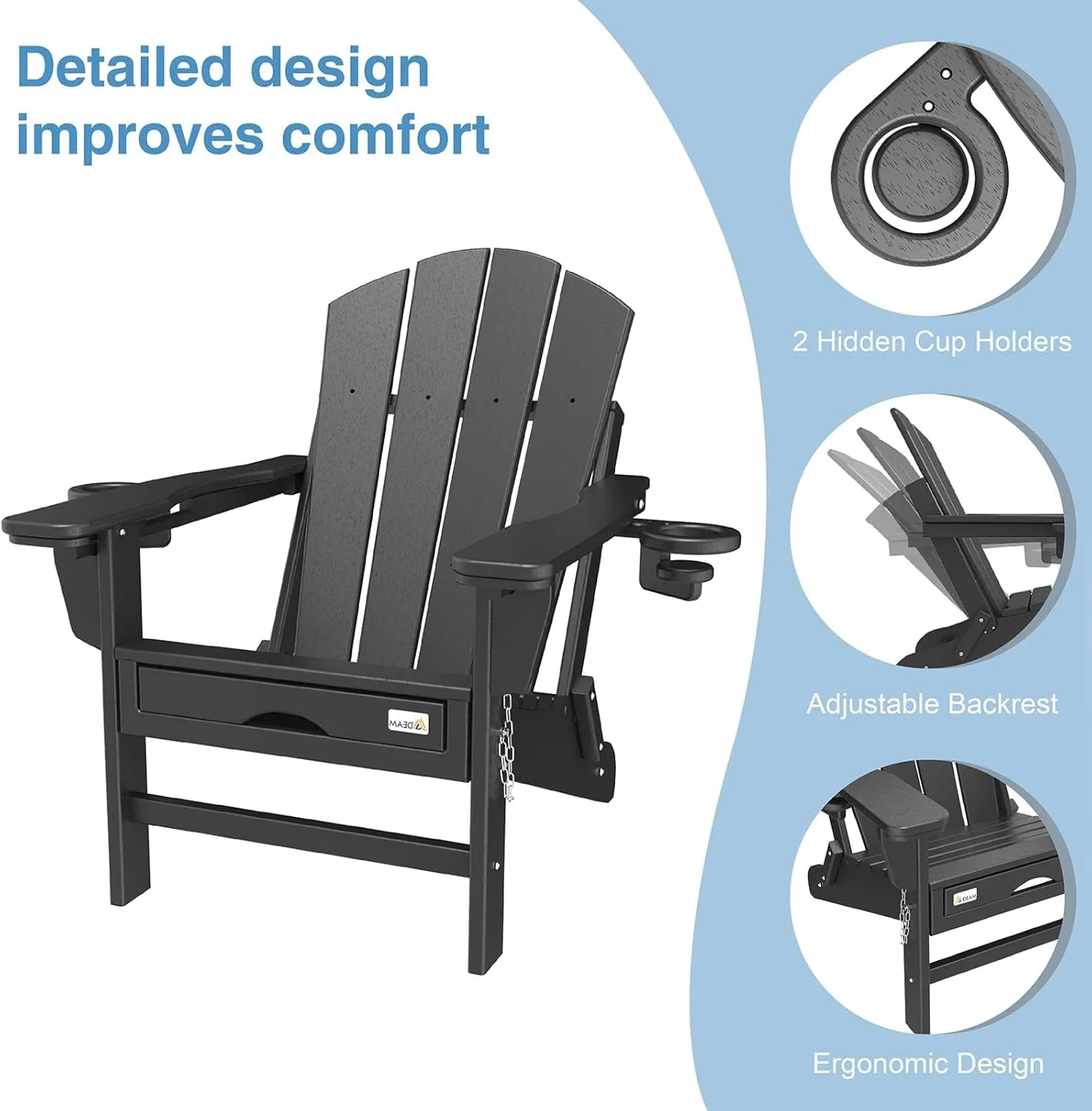 Mdeam 3-Level Adjustable Adirondack Chair with Retractable Ottoman, HDPE All-Weather Folding Fire Pit Chair with 2 Cup Holders, Outdoor Chair for Deck Patio Garden Backyard Lawn (Black)