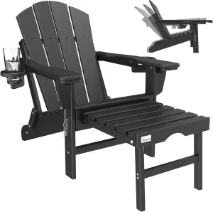 Mdeam 3-Level Adjustable Adirondack Chair with Retractable Ottoman, HDPE All-Weather Folding Fire Pit Chair with 2 Cup Holders, Outdoor Chair for Deck Patio Garden Backyard Lawn (Black)