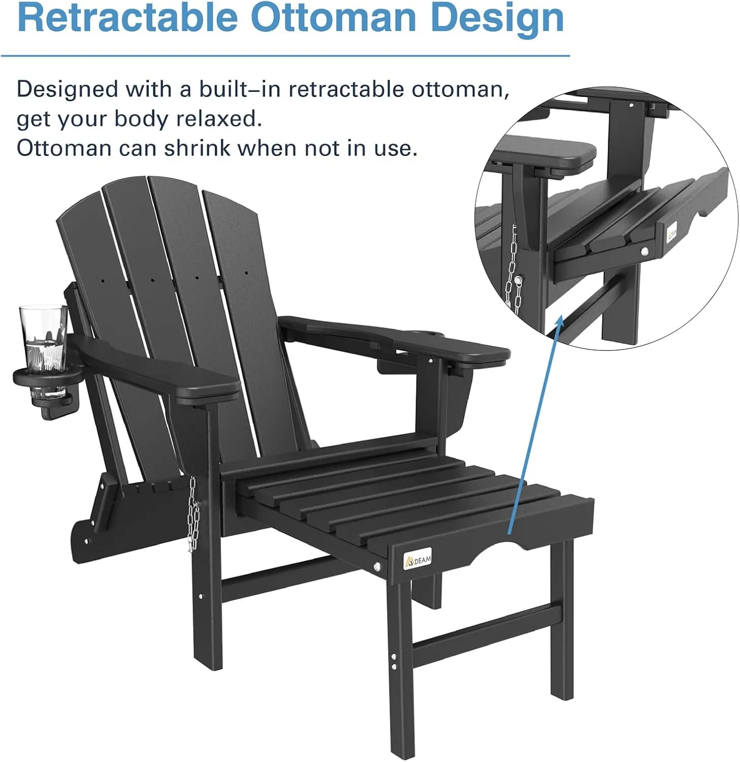 Mdeam 3-Level Adjustable Adirondack Chair with Retractable Ottoman, HDPE All-Weather Folding Fire Pit Chair with 2 Cup Holders, Outdoor Chair for Deck Patio Garden Backyard Lawn (Black)