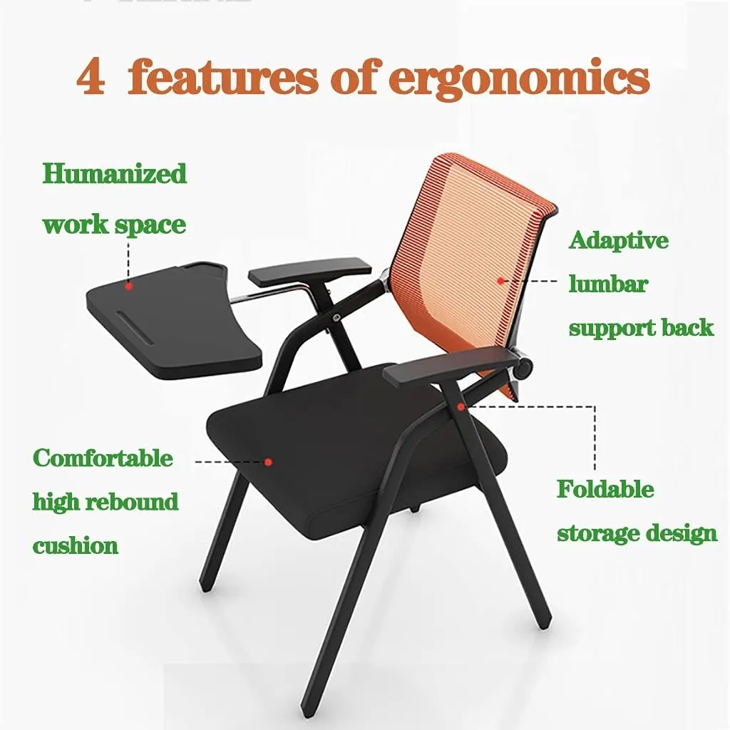 MEHWSUR Student Chair with Desk Attached,Tablet Arm Chair Mesh Office Chair with Lumbar Support,Foldable Computer Desk Chair with Writing Board and Cup Holder Metal Frame Backrest (Color : Black)