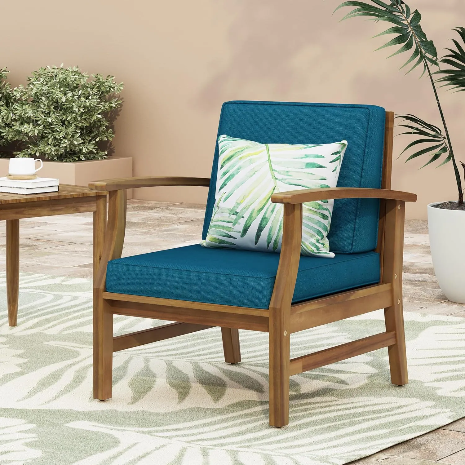 Merax Outdoor Accent Club Chair, Acacia Wood Patio Chairs with Thick Cushions & Back, Cushioned Lounge Chair for Coastal Backyard Balcony Poolside, Water Resistant & Easy Assembly Furniture, Dark Teal