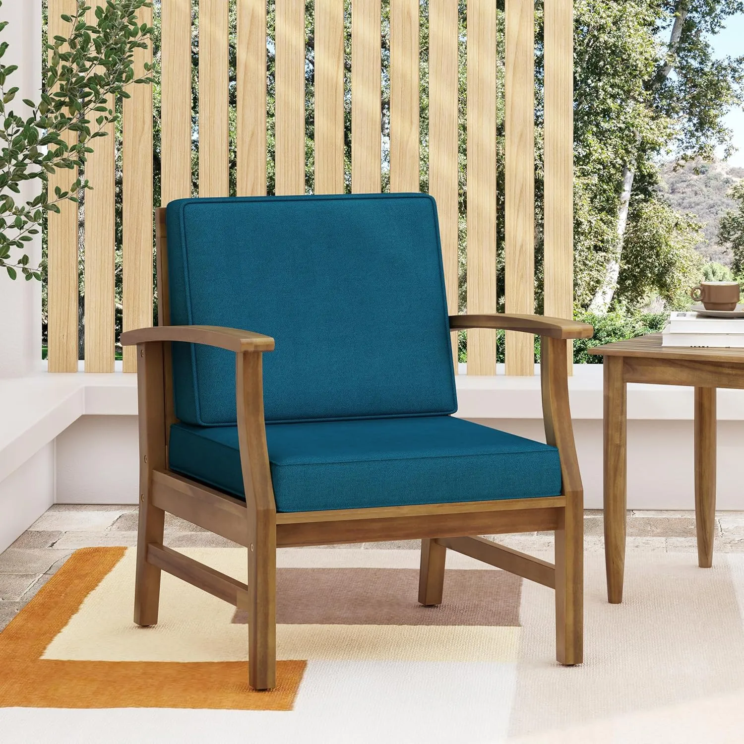Merax Outdoor Accent Club Chair, Acacia Wood Patio Chairs with Thick Cushions & Back, Cushioned Lounge Chair for Coastal Backyard Balcony Poolside, Water Resistant & Easy Assembly Furniture, Dark Teal