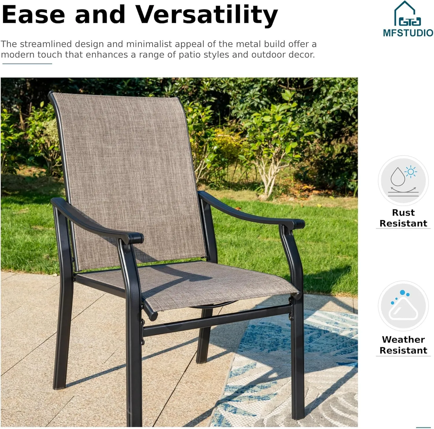 MFSTUDIO Outdoor Patio Dining Chairs, 6 PCS Metal Frame Patio Sling Chairs with Backrest and Armrest, All Weather Resistant Heavy Duty Patio Chair, Grey