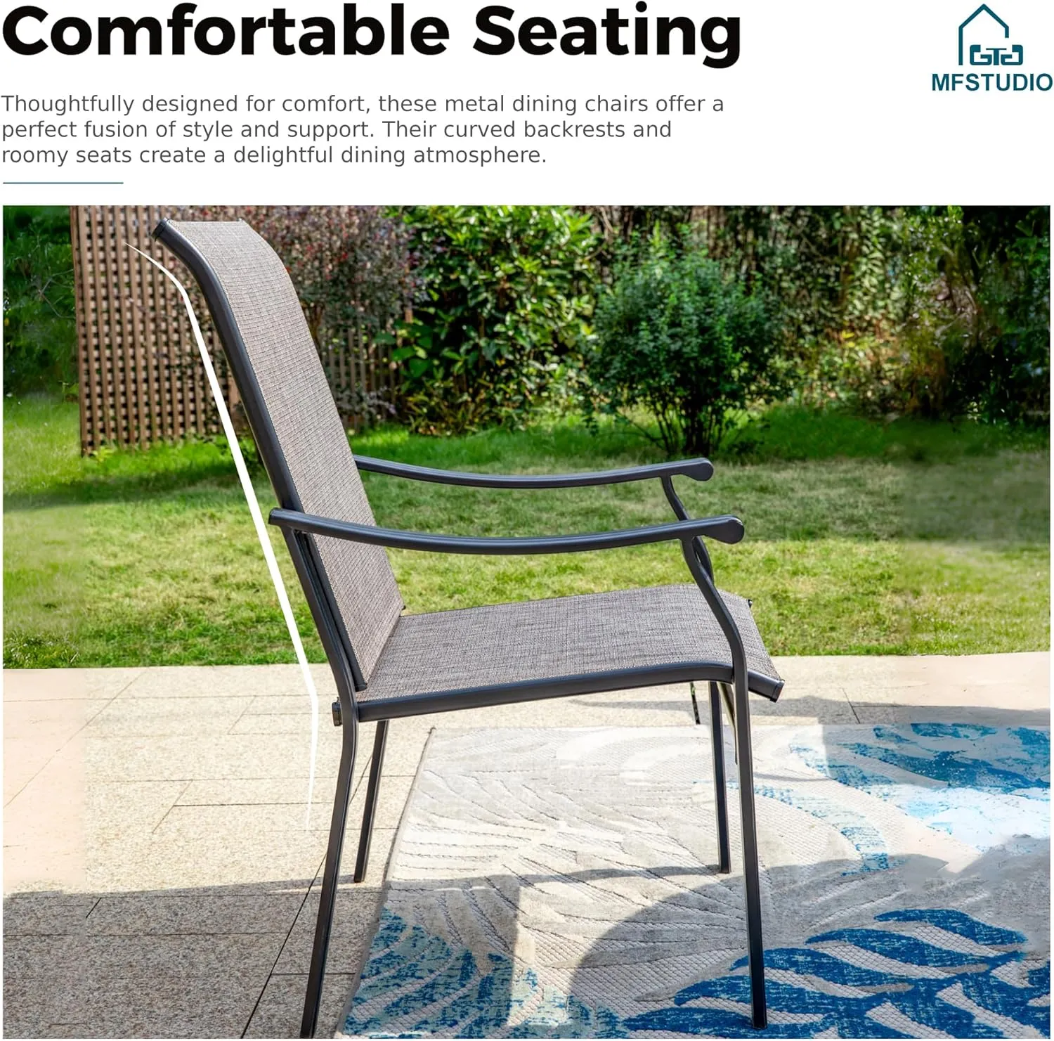 MFSTUDIO Outdoor Patio Dining Chairs, 6 PCS Metal Frame Patio Sling Chairs with Backrest and Armrest, All Weather Resistant Heavy Duty Patio Chair, Grey