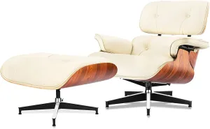 Mid Century Chaise Lounge Chair and Ottoman Top Grain Leather Classic Accent Chairs 360° Swivel Base Quality Wooden Shell Lounge Chair for Living Room Study Reading - Ivory White/Palisander
