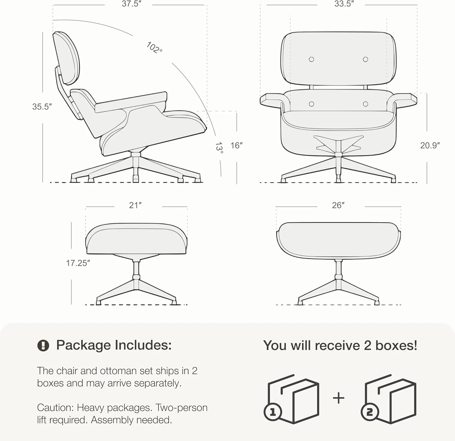 Mid Century Chaise Lounge Chair and Ottoman Top Grain Leather Classic Accent Chairs 360° Swivel Base Quality Wooden Shell Lounge Chair for Living Room Study Reading - Ivory White/Palisander