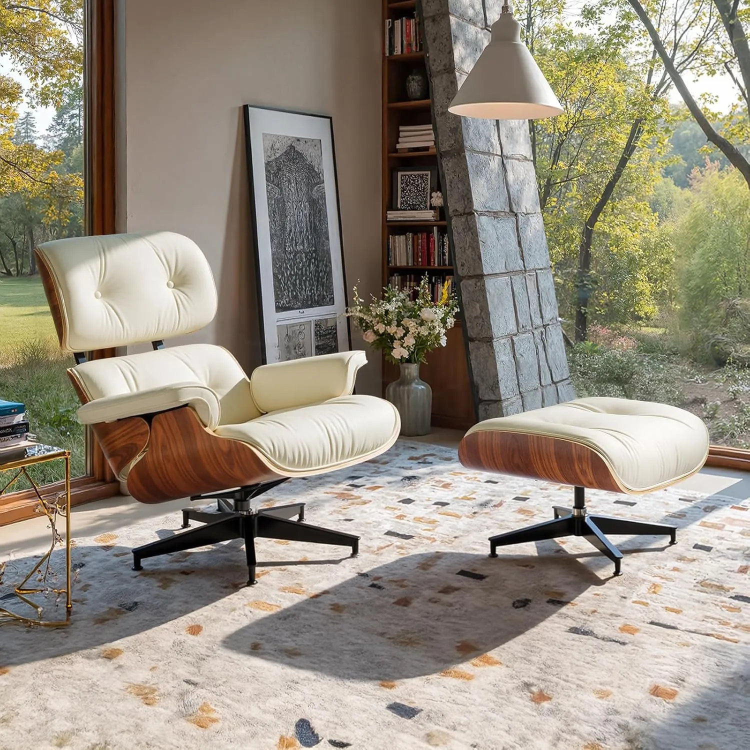 Mid Century Chaise Lounge Chair and Ottoman Top Grain Leather Classic Accent Chairs 360° Swivel Base Quality Wooden Shell Lounge Chair for Living Room Study Reading - Ivory White/Palisander