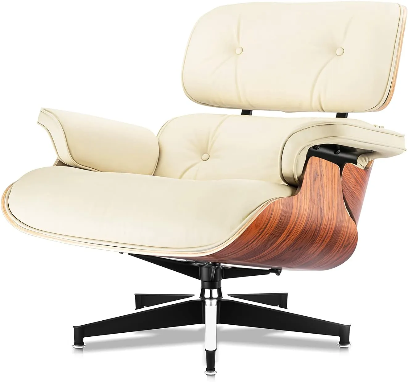 Mid Century Chaise Lounge Chair and Ottoman Top Grain Leather Classic Accent Chairs 360° Swivel Base Quality Wooden Shell Lounge Chair for Living Room Study Reading - Ivory White/Palisander