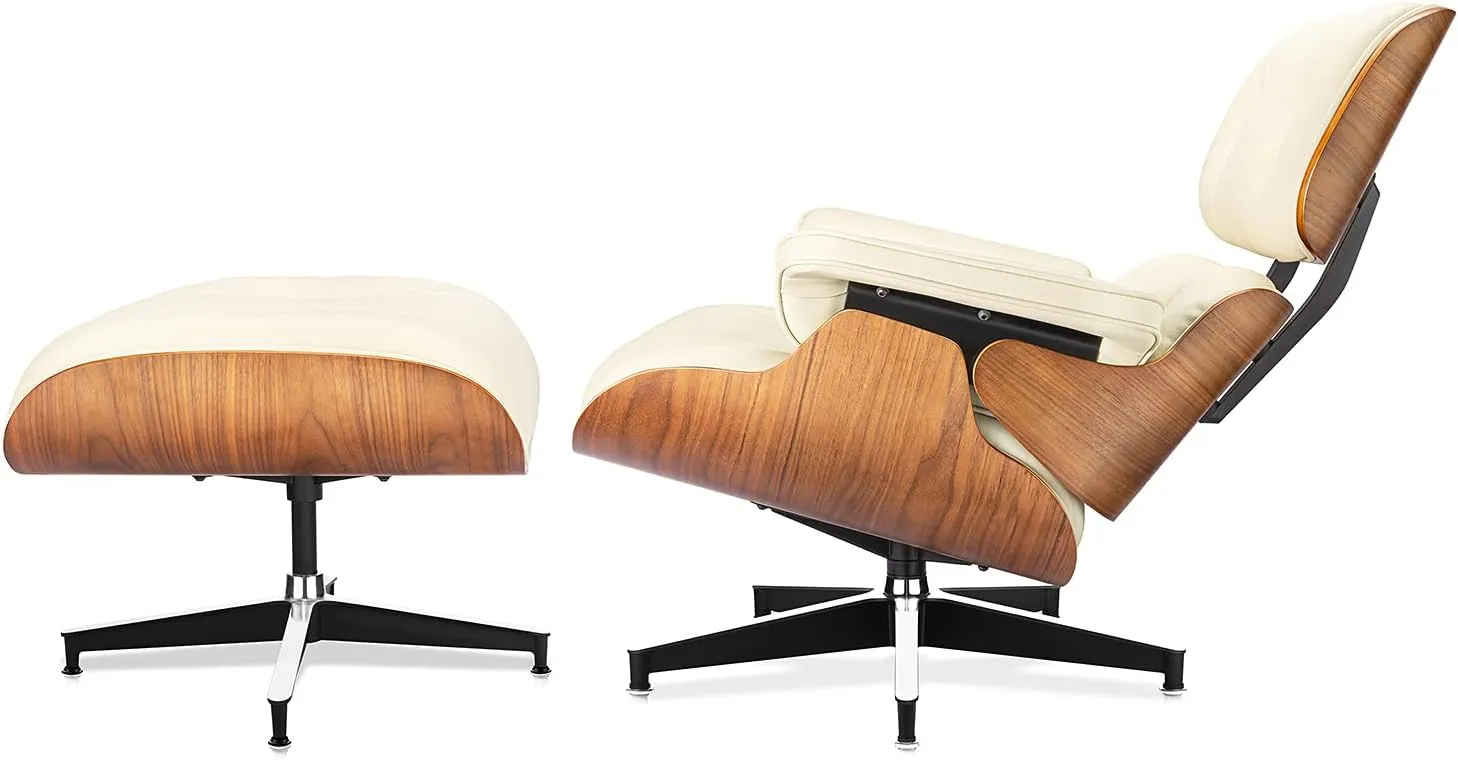 Mid Century Chaise Lounge Chair and Ottoman Top Grain Leather Classic Accent Chairs 360° Swivel Base Quality Wooden Shell Lounge Chair for Living Room Study Reading - Ivory White/Walnut