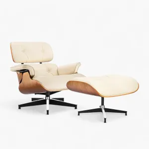 Mid Century Chaise Lounge Chair and Ottoman Top Grain Leather Classic Accent Chairs 360° Swivel Base Quality Wooden Shell Lounge Chair for Living Room Study Reading - Ivory White/Walnut