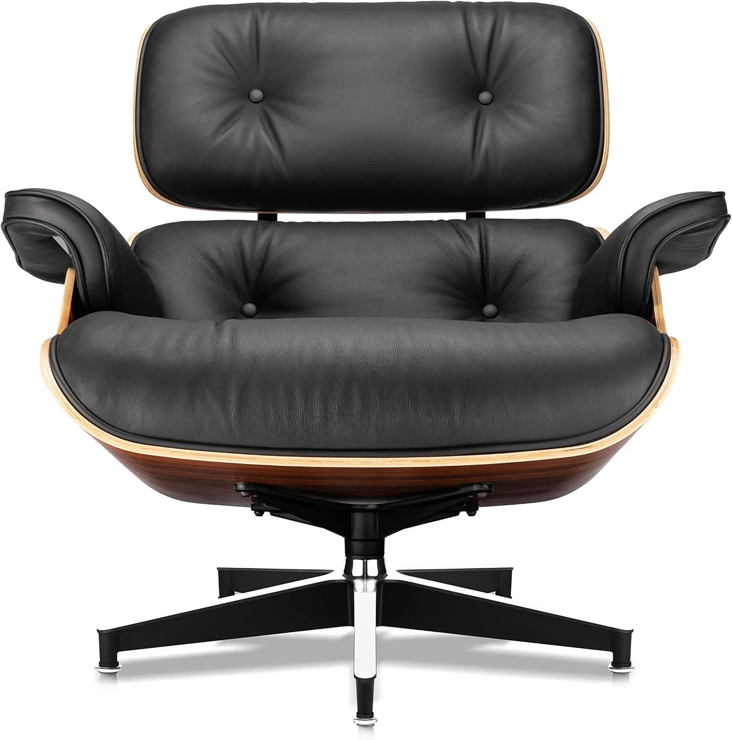 Mid Century Chaise Lounge Chair and Ottoman Top Grain Leather Classic Accent Chairs 360° Swivel Base Quality Wooden Shell Lounge Chair for Living Room Study Reading - Upgraded Palisander
