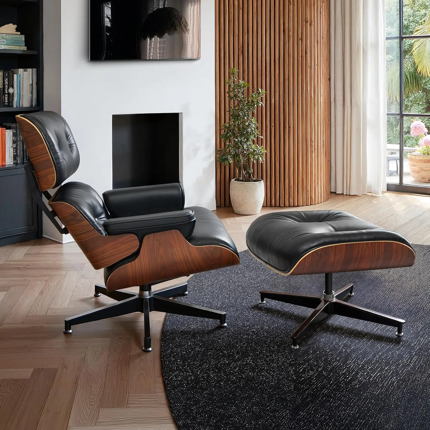 Mid Century Chaise Lounge Chair and Ottoman Top Grain Leather Classic Accent Chairs 360° Swivel Base Quality Wooden Shell Lounge Chair for Living Room Study Reading - Upgraded Palisander