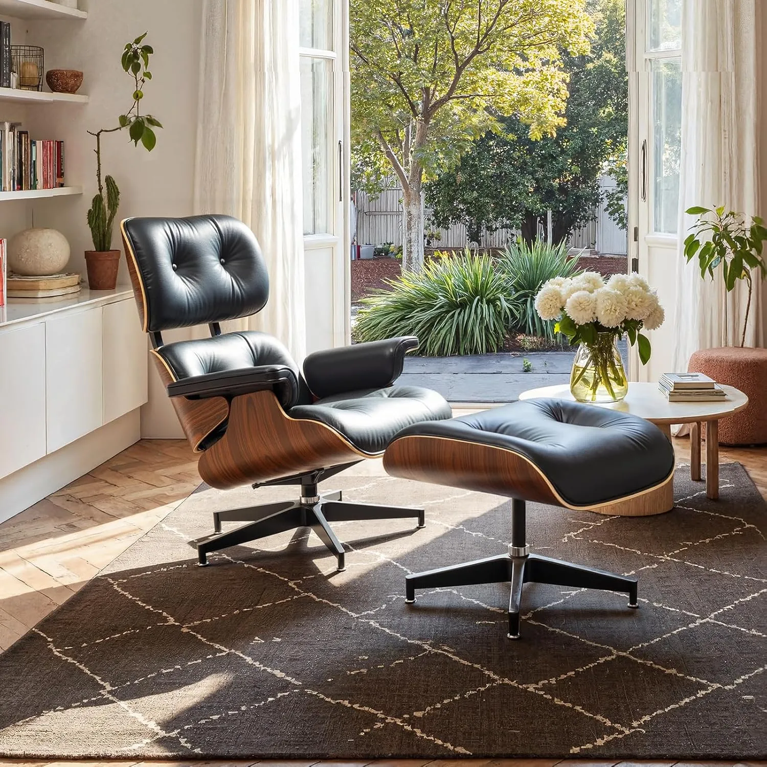 Mid Century Chaise Lounge Chair and Ottoman Top Grain Leather Classic Accent Chairs 360° Swivel Base Quality Wooden Shell Lounge Chair for Living Room Study Reading - Upgraded Palisander