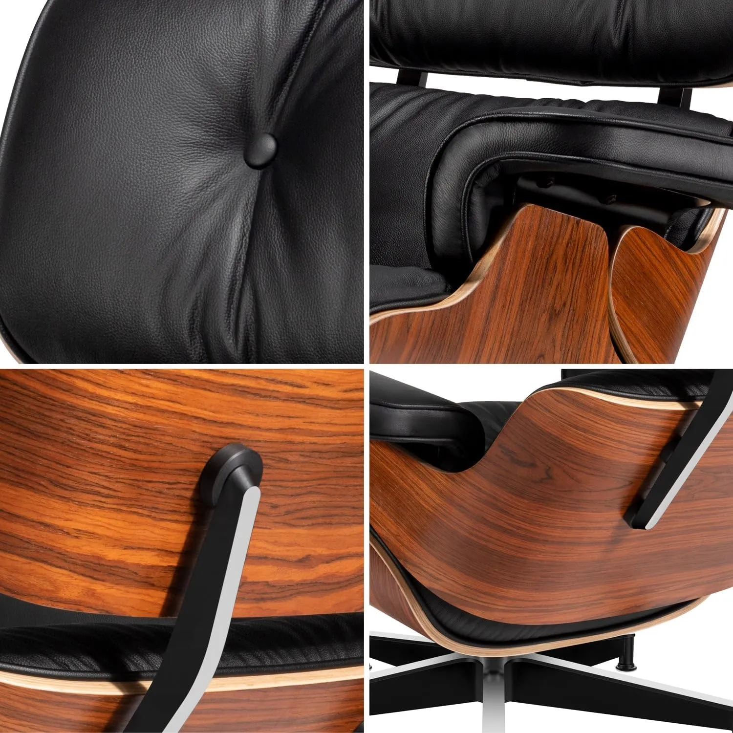 Mid Century Chaise Lounge Chair and Ottoman Top Grain Leather Classic Accent Chairs 360° Swivel Base Quality Wooden Shell Lounge Chair for Living Room Study Reading - Upgraded Palisander