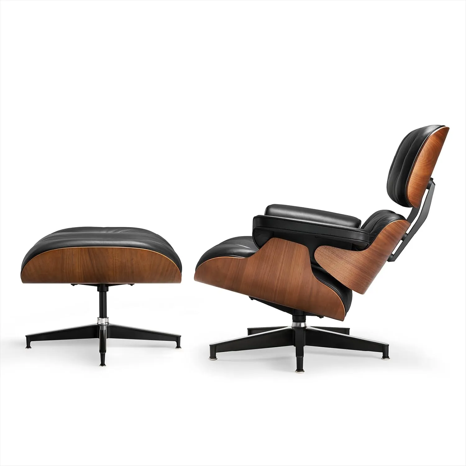 Mid Century Chaise Lounge Chair and Ottoman Top Grain Leather Classic Accent Chairs 360° Swivel Base Quality Wooden Shell Lounge Chair for Living Room Study Reading - Upgraded Walnut