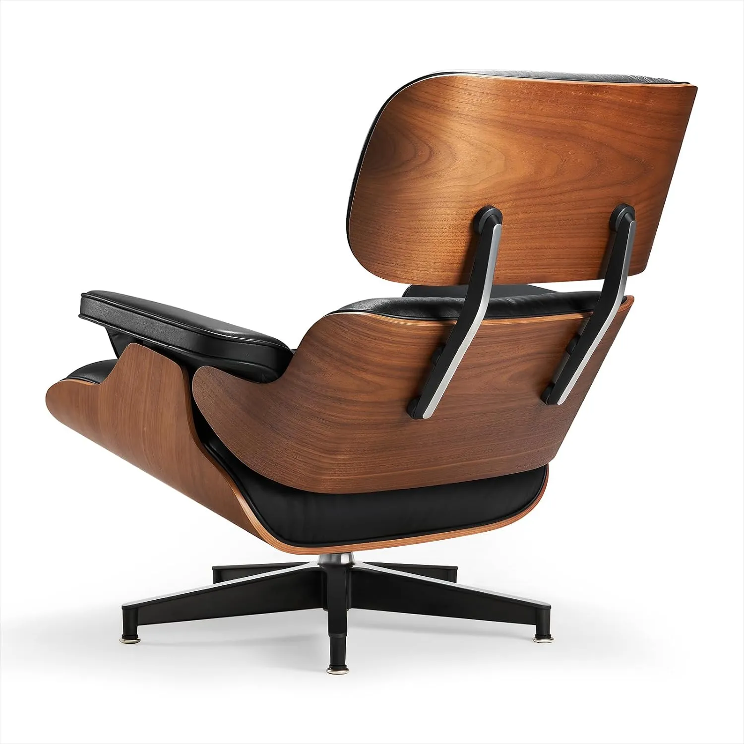 Mid Century Chaise Lounge Chair and Ottoman Top Grain Leather Classic Accent Chairs 360° Swivel Base Quality Wooden Shell Lounge Chair for Living Room Study Reading - Upgraded Walnut