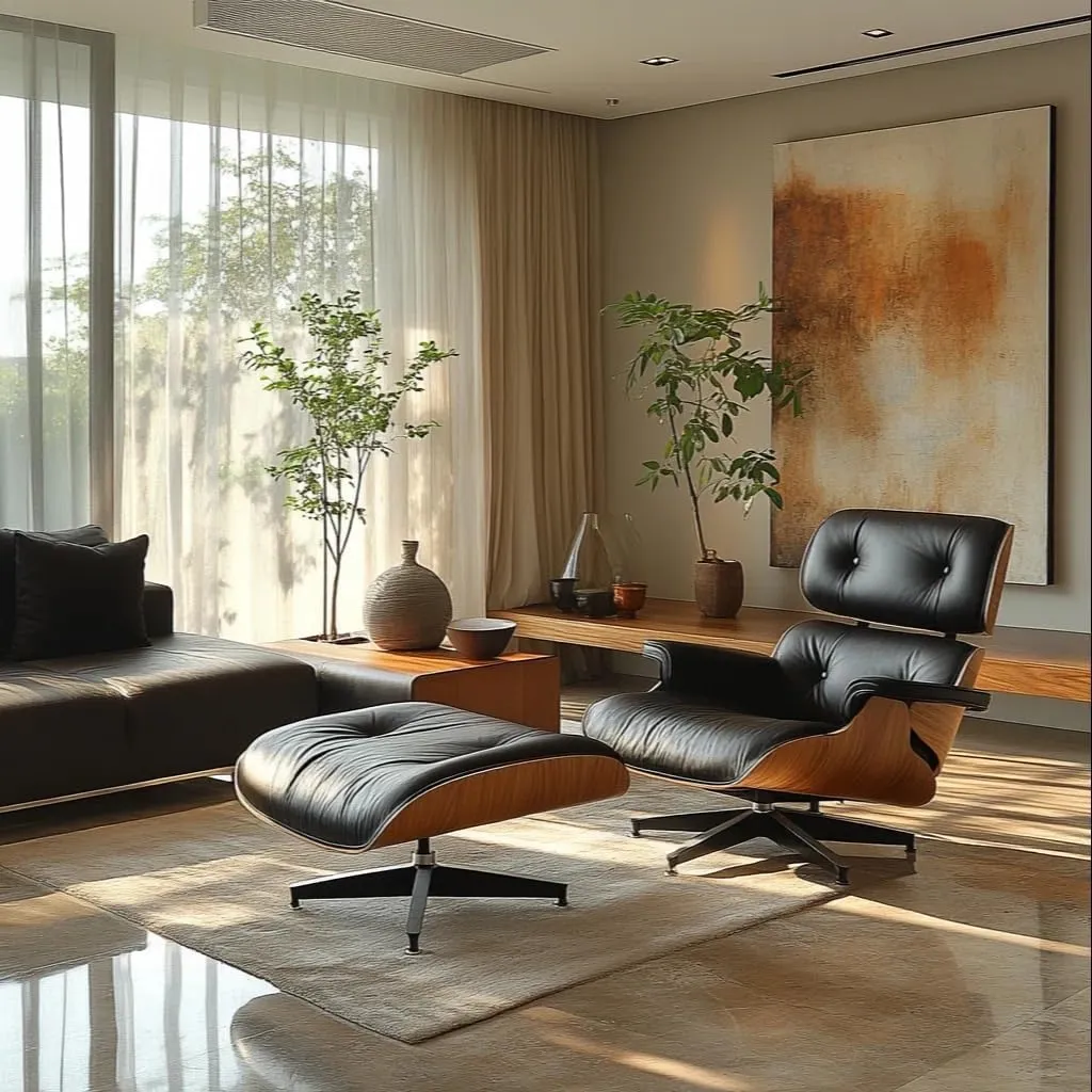 Mid Century Chaise Lounge Chair and Ottoman Top Grain Leather Classic Accent Chairs 360° Swivel Base Quality Wooden Shell Lounge Chair for Living Room Study Reading - Upgraded Walnut