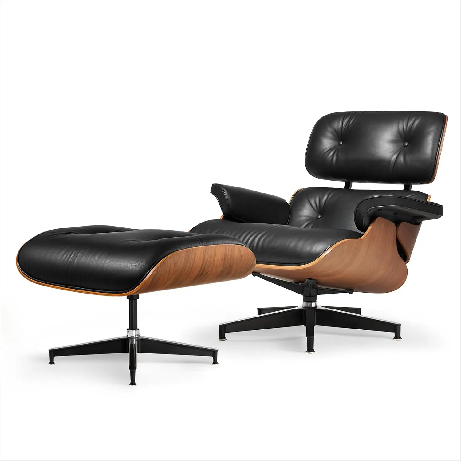 Mid Century Chaise Lounge Chair and Ottoman Top Grain Leather Classic Accent Chairs 360° Swivel Base Quality Wooden Shell Lounge Chair for Living Room Study Reading - Upgraded Walnut