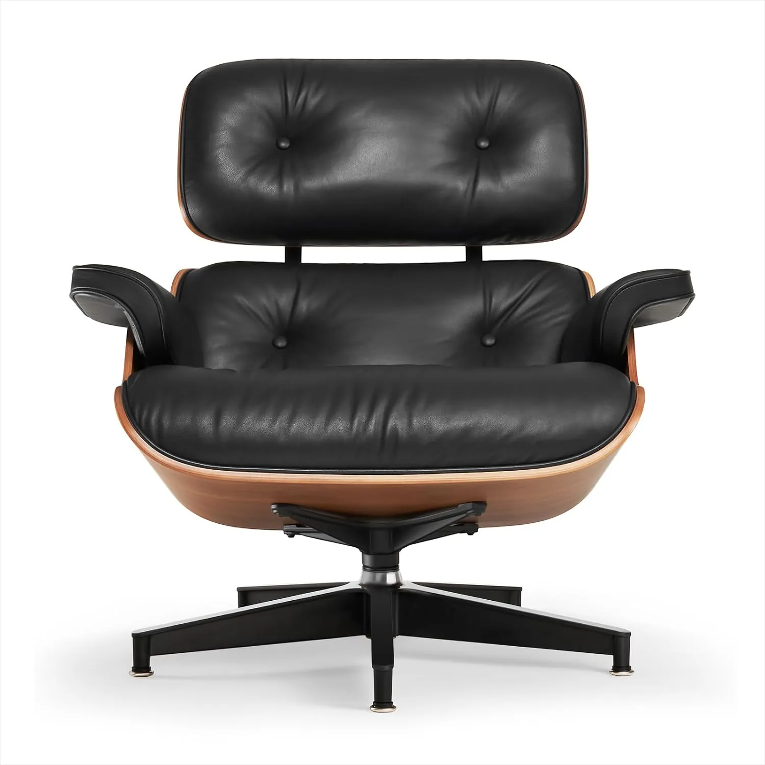 Mid Century Chaise Lounge Chair and Ottoman Top Grain Leather Classic Accent Chairs 360° Swivel Base Quality Wooden Shell Lounge Chair for Living Room Study Reading - Upgraded Walnut