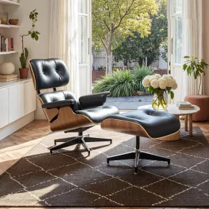 Mid Century Chaise Lounge Chair and Ottoman Top Grain Leather Classic Accent Chairs 360° Swivel Base Quality Wooden Shell Lounge Chair for Living Room Study Reading - Upgraded Walnut
