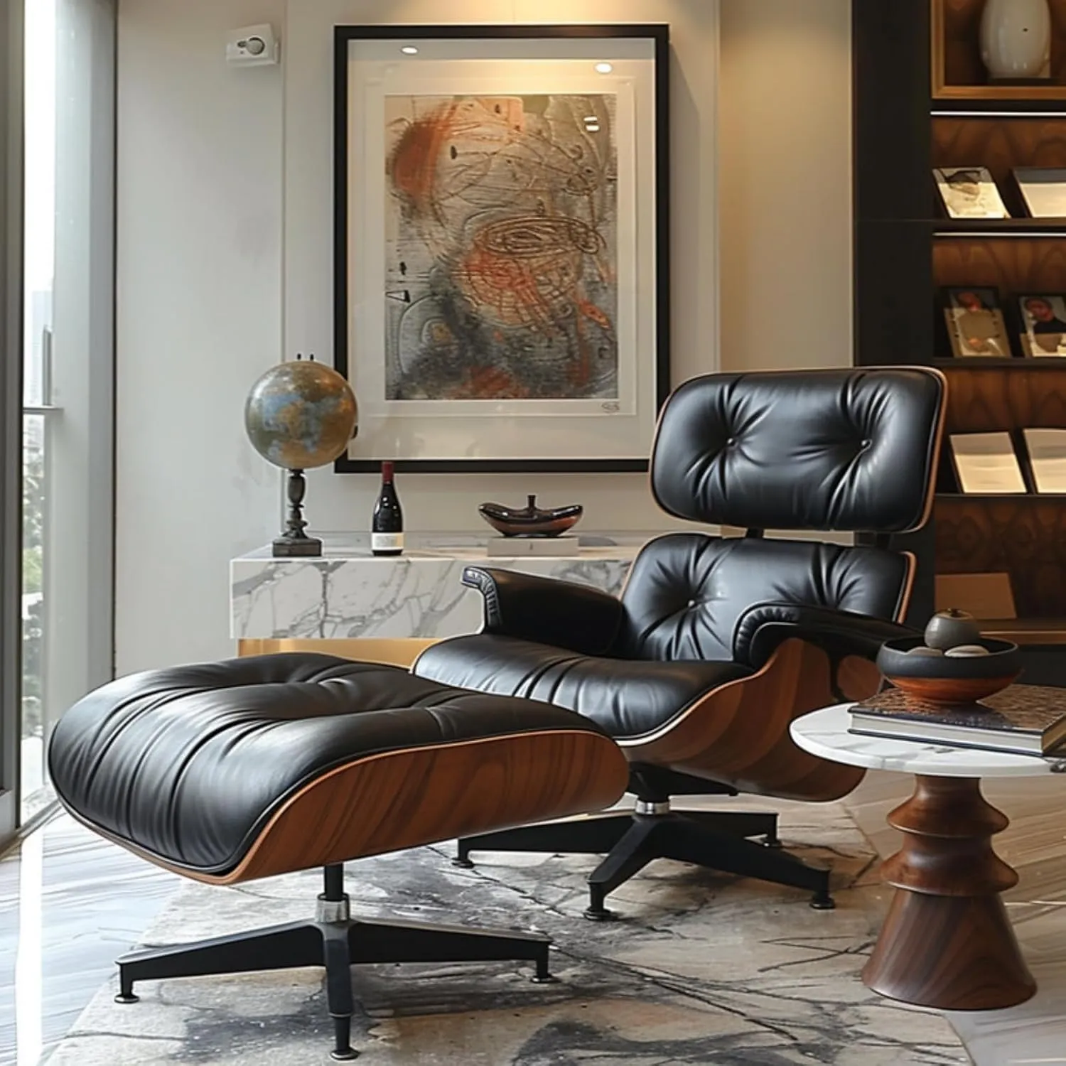 Mid Century Chaise Lounge Chair with Ottoman, Top Black Grain Leather, Modern Office Chair Classic Design, Heavy Duty Base Support for Living Room Study Lounge Office