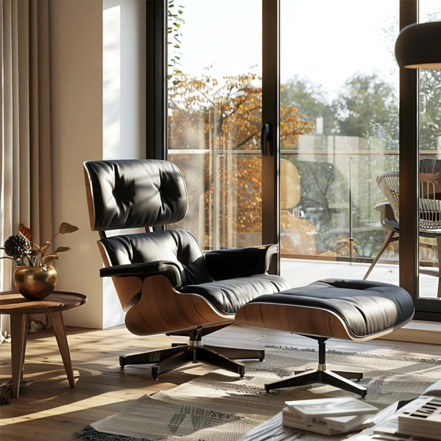 Mid Century Chaise Lounge Chair with Ottoman, Top Black Grain Leather, Modern Office Chair Classic Design, Heavy Duty Base Support for Living Room Study Lounge Office