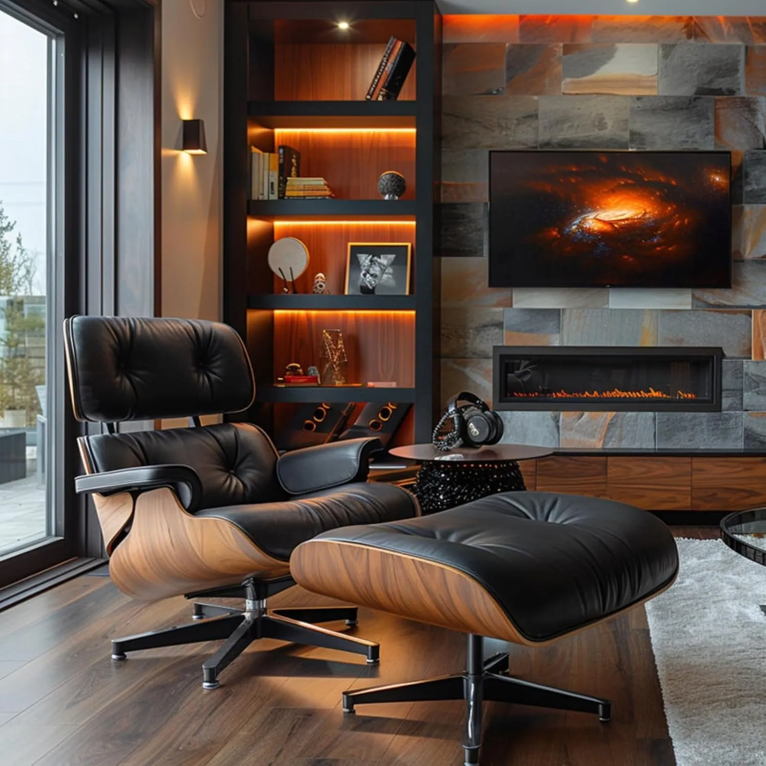 Mid Century Chaise Lounge Chair with Ottoman, Top Black Grain Leather, Modern Office Chair Classic Design, Heavy Duty Base Support for Living Room Study Lounge Office