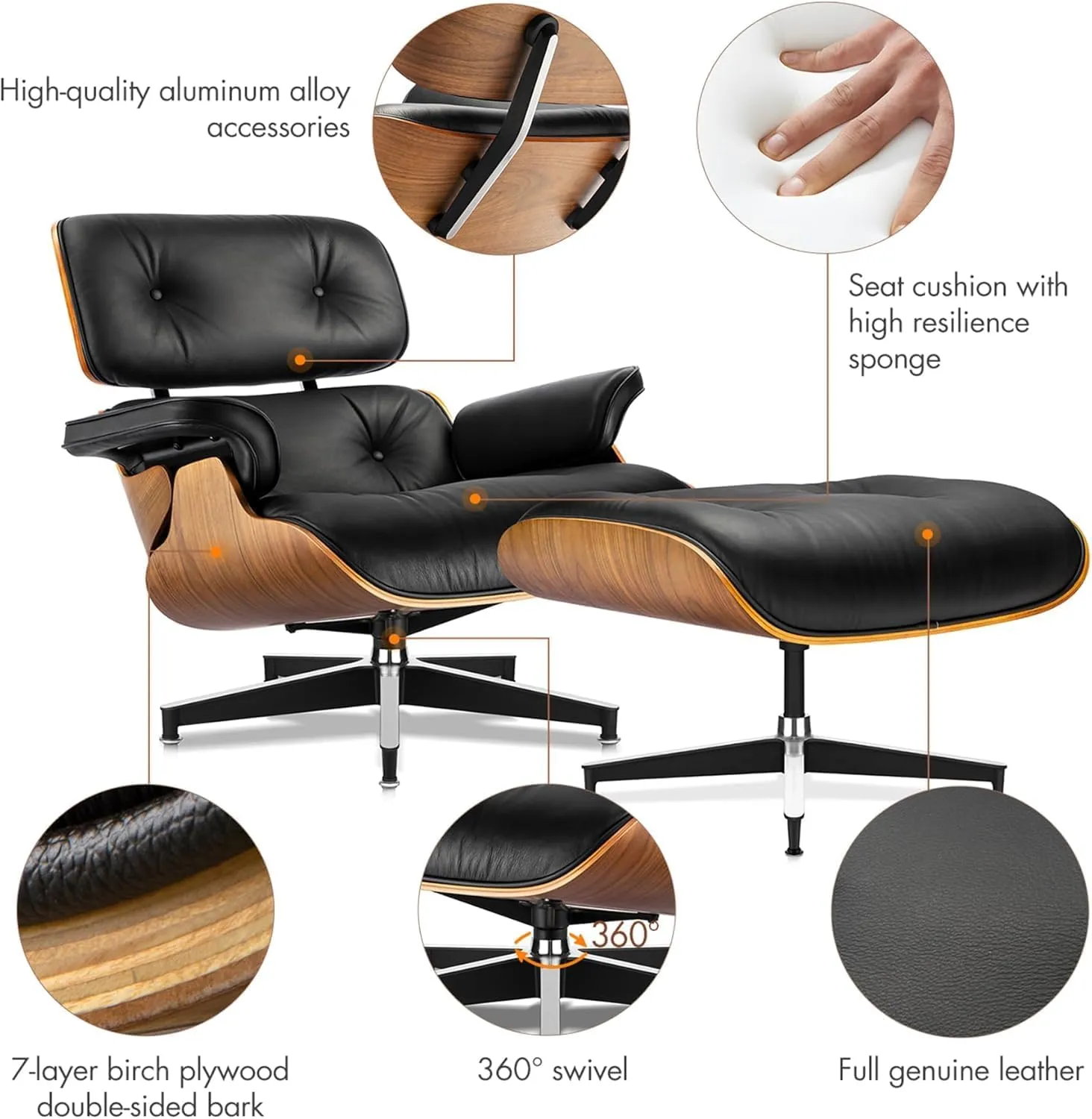 Mid Century Chaise Lounge Chair with Ottoman, Top Black Grain Leather, Modern Office Chair Classic Design, Heavy Duty Base Support for Living Room Study Lounge Office
