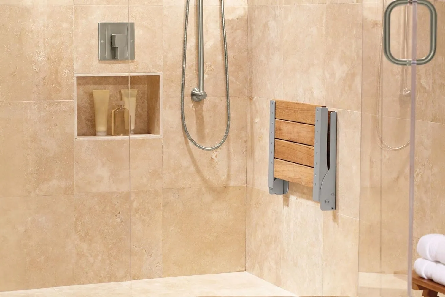 Moen Bath Safety Furniture Wood Home Care Teak Wood Aluminum Folding Shower Seat, Wall Mounted Shower Bench, DN7110