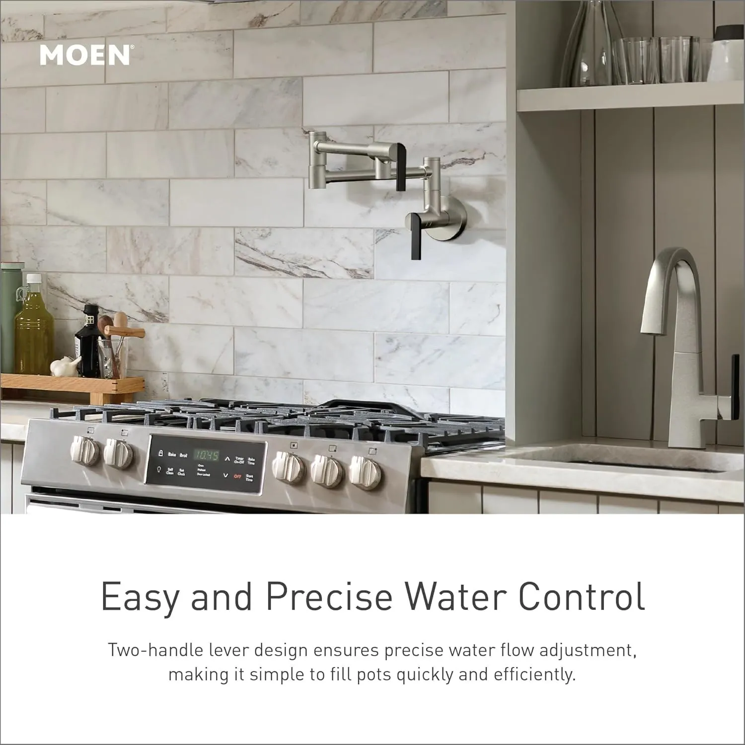 Moen S665BLS Modern Wall Mount Swing Arm Folding Pot Filler Kitchen Faucet, Black Stainless