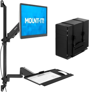 Mount-It! Wall Mount Workstation with Single Monitor Mount, Keyboard Tray and CPU Holder, Height Adjustable Full Motion Arms, Fits One 32 Inch Computer Screens