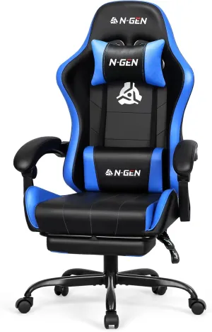 N-GEN GAMING Video Gaming Chair with Footrest Lumbar Support for Home Office High Back Recliner Height Adjustable Ergonomic Comfy Leather Computer Desk Chair (Blue)
