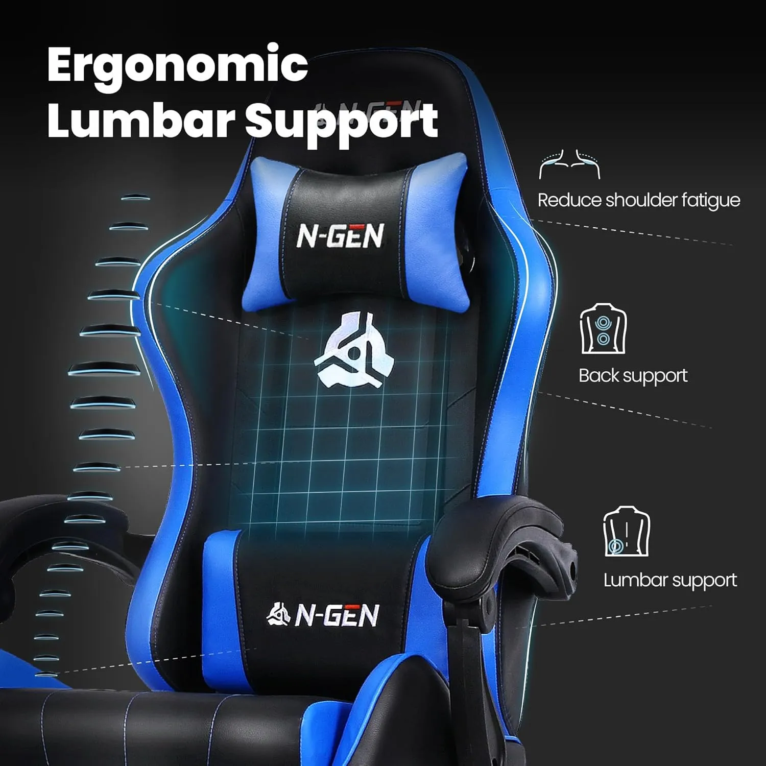 N-GEN GAMING Video Gaming Chair with Footrest Lumbar Support for Home Office High Back Recliner Height Adjustable Ergonomic Comfy Leather Computer Desk Chair (Blue)