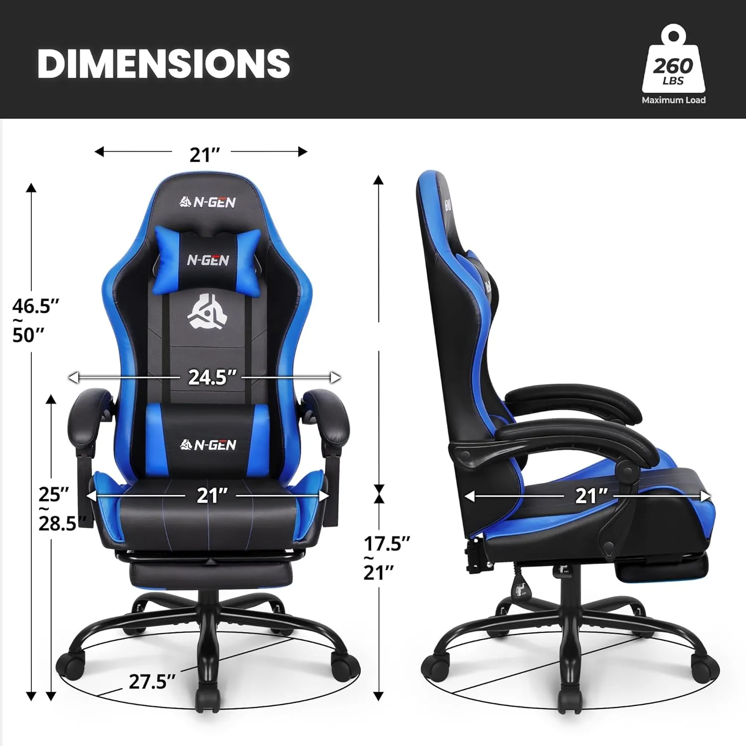 N-GEN GAMING Video Gaming Chair with Footrest Lumbar Support for Home Office High Back Recliner Height Adjustable Ergonomic Comfy Leather Computer Desk Chair (Blue)