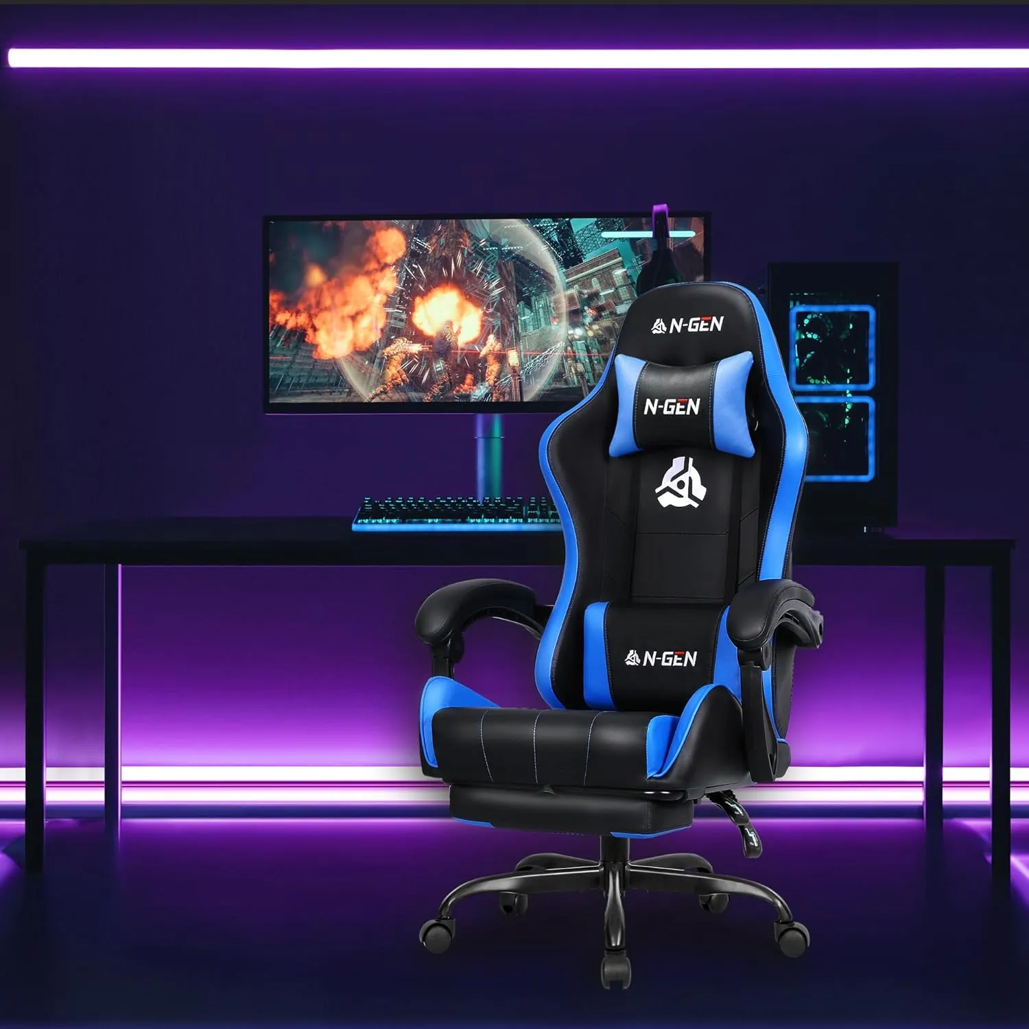 N-GEN GAMING Video Gaming Chair with Footrest Lumbar Support for Home Office High Back Recliner Height Adjustable Ergonomic Comfy Leather Computer Desk Chair (Blue)